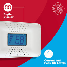 First Alert CO710 digital display lit, shows temperature and CO levels at a glance.