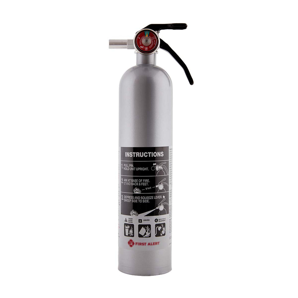 First Alert DHOME1 pewter fire extinguisher wall-mounted for quick access.