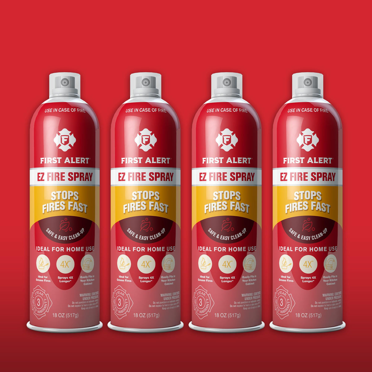 First Alert EZ Fire Spray can angled for controlled, fast firefighting in small spaces.