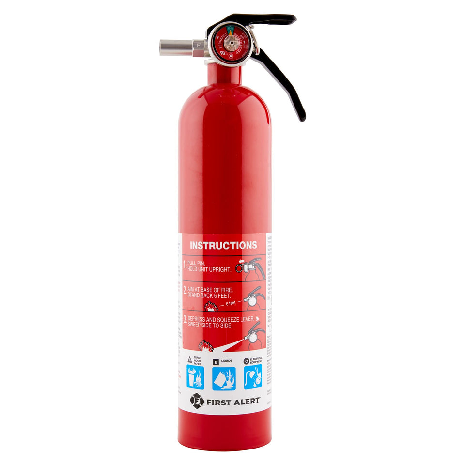 First Alert Garage10 extinguisher front view highlights compact design for garage safety.