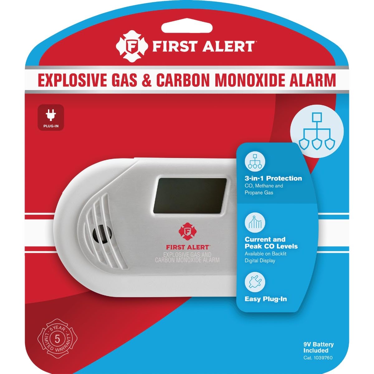 First Alert GCO1CN front view reveals a compact CO and gas alarm for home safety.