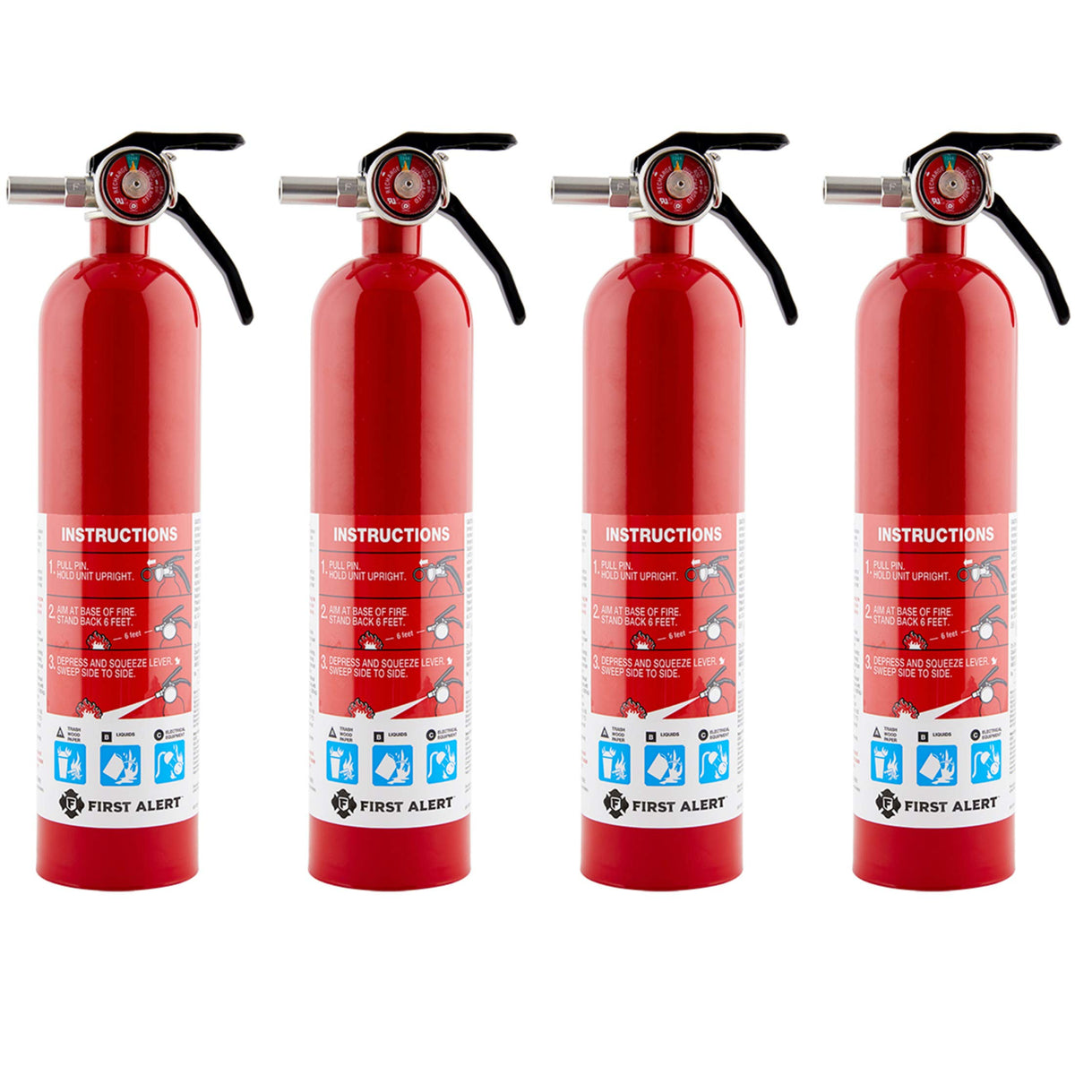 First Alert Home1-4 extinguisher front view with red metal body for quick home use