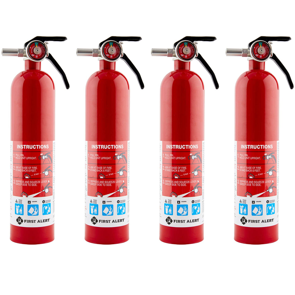 First Alert Home1-4 extinguisher front view with red metal body for quick home use