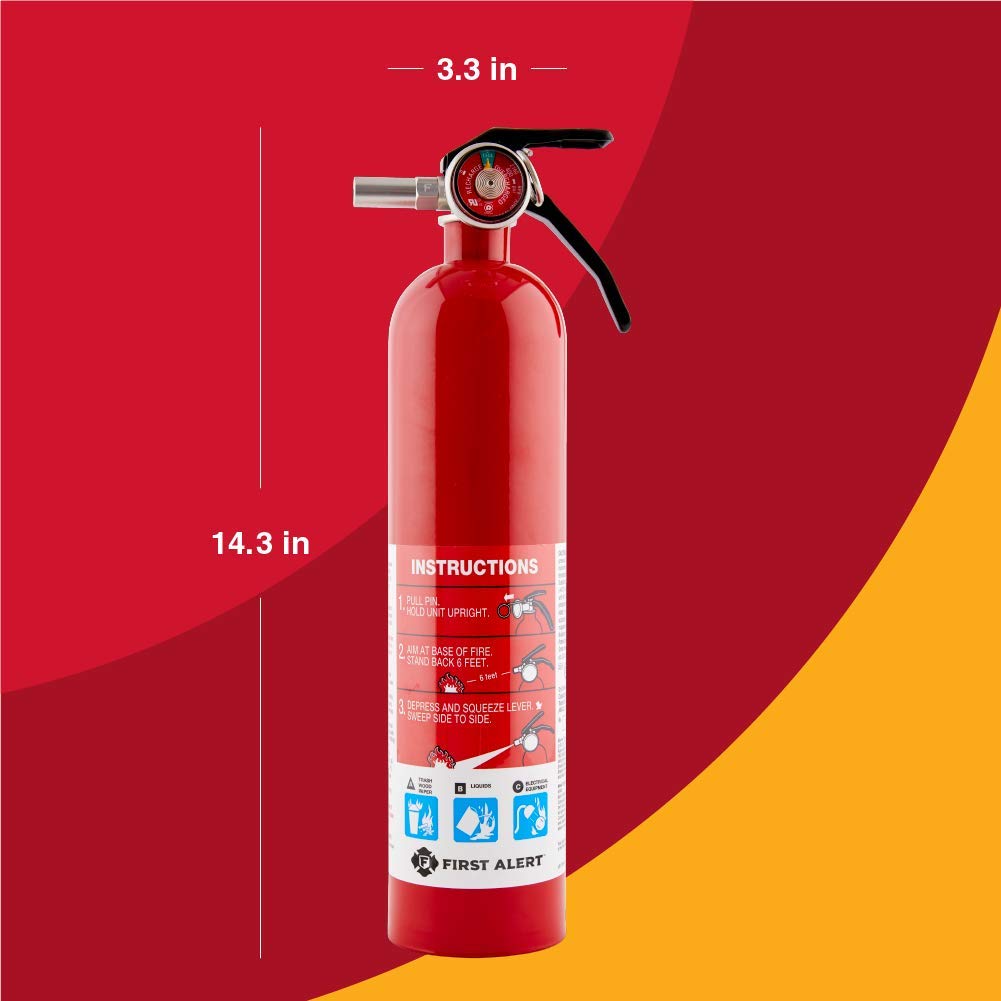 First Alert Home1-4 extinguisher mounted with bracket and strap for secure placement