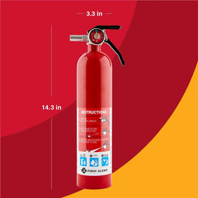 First Alert Home1-4 extinguisher mounted with bracket and strap for secure placement