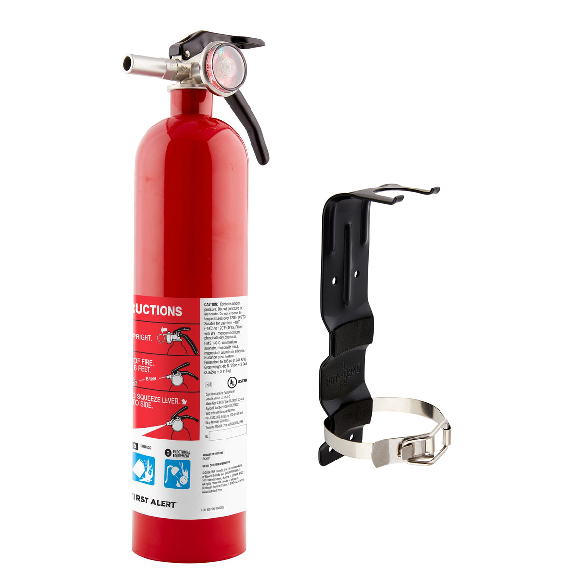 First Alert HOME1 fire extinguisher front view, ready for home safety.