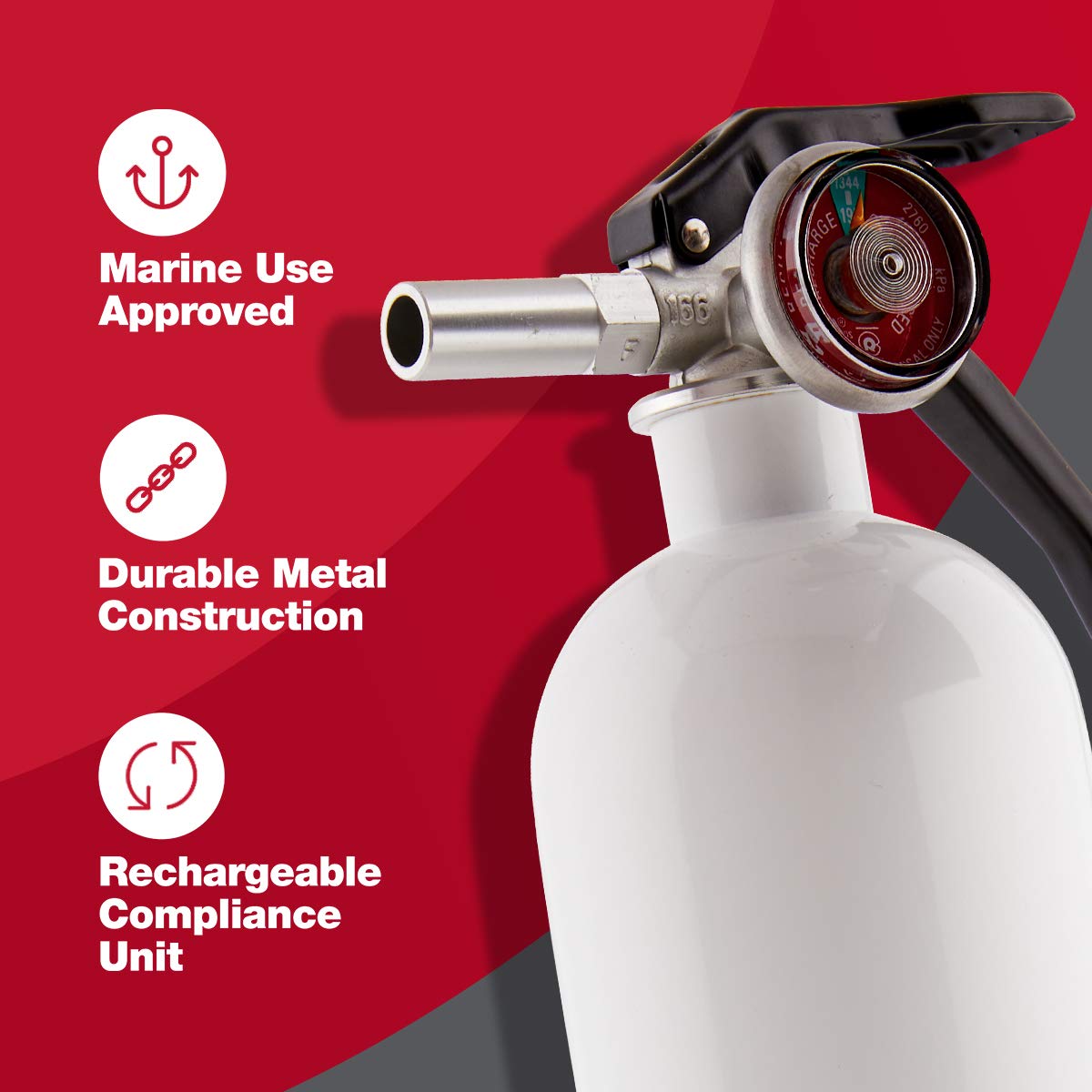 First Alert Marine1 extinguisher safety pin prevents tampering