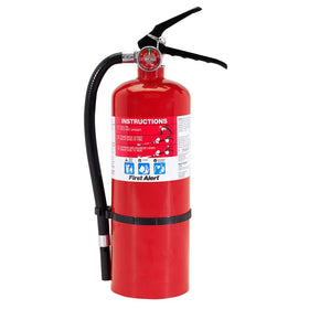 First Alert PRO5 fire extinguisher front view with red body and easy-to-read gauge.