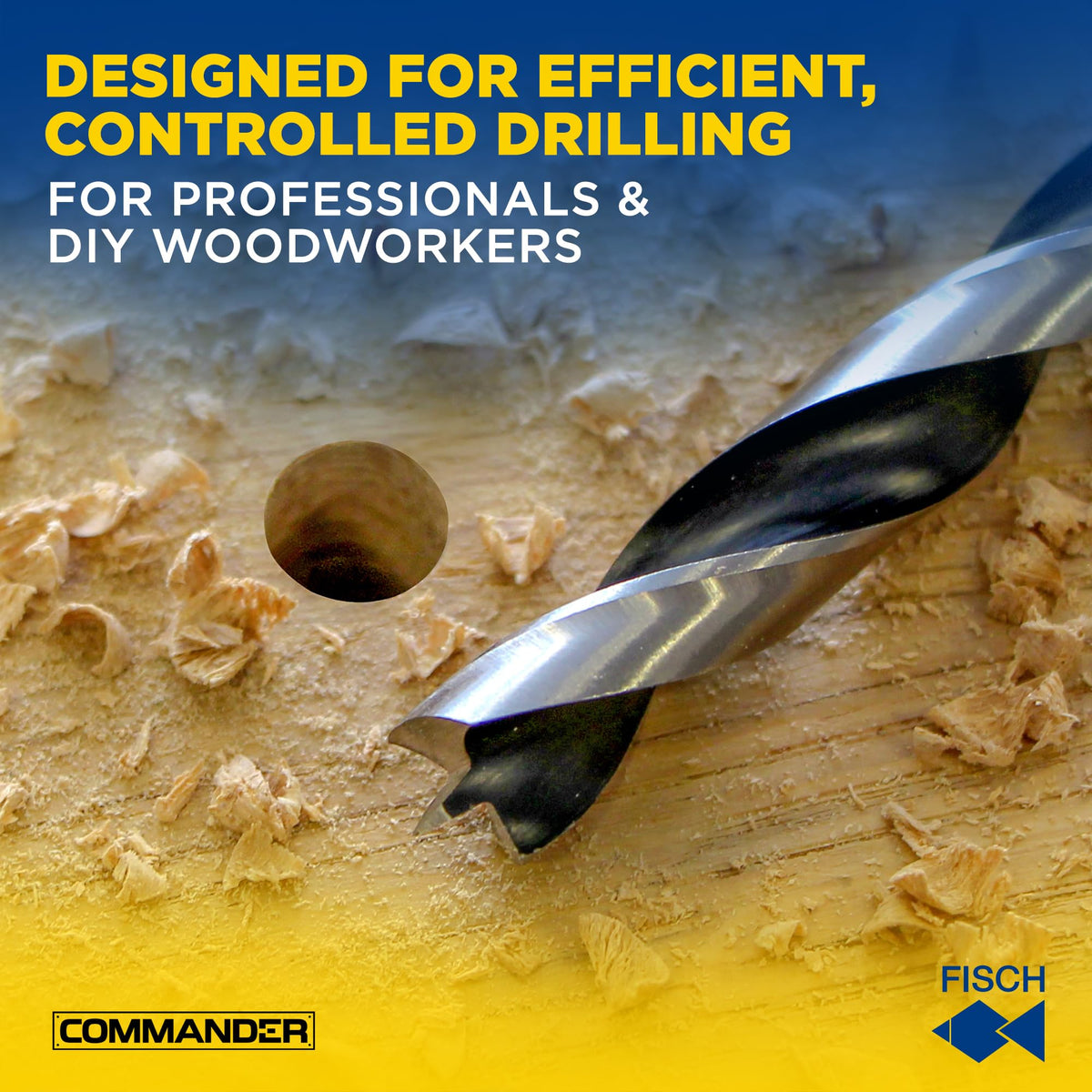 Fisch includes range 1/16 to 1/2 inch holes for versatile woodworking tasks.