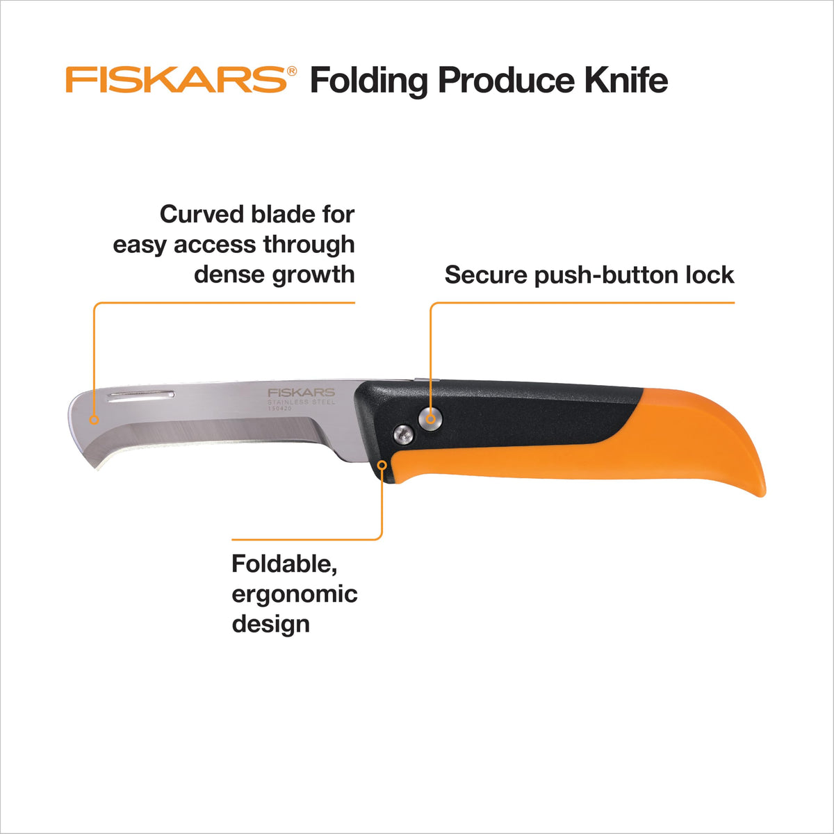 Fiskars folding knife with curved blade reaching dense growth for clean cuts