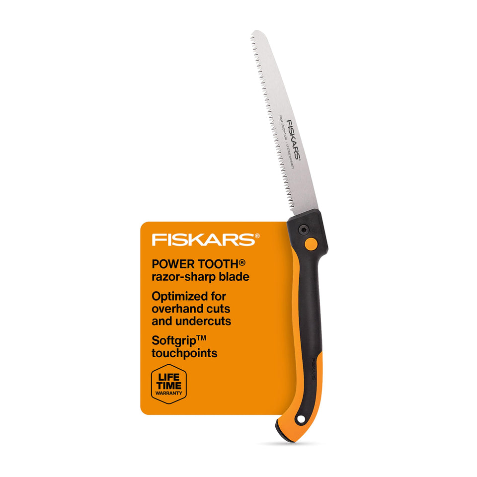 Fiskars Power Tooth Folding Saw blade closeup showing triple-ground teeth for fast cuts.