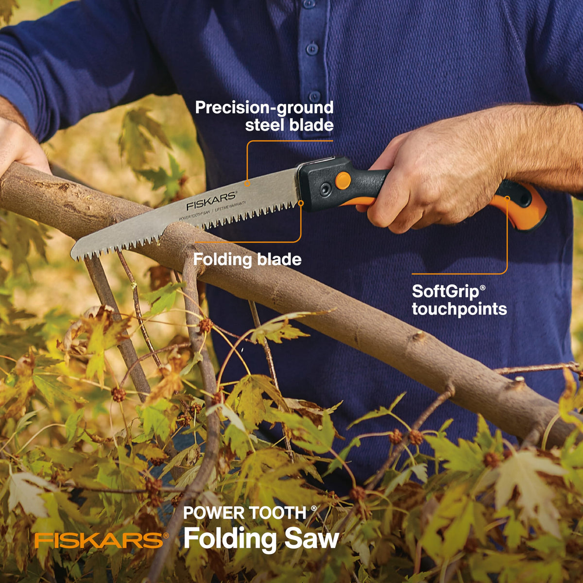 Fiskars Power Tooth Folding Saw folded for safe, compact storage.
