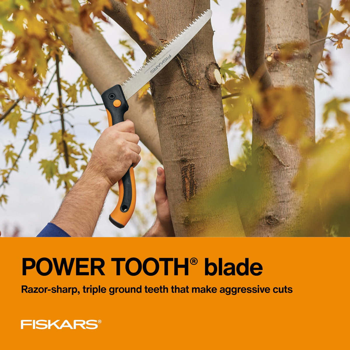 Fiskars Power Tooth Folding Saw soft grip handle for comfortable control.