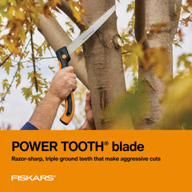 Fiskars Power Tooth Folding Saw soft grip handle for comfortable control.
