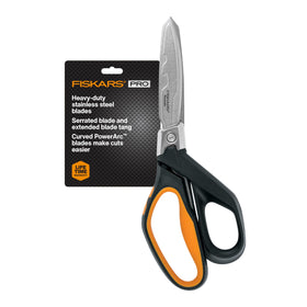 Fiskars PowerArc 8in shop shears close-up blade with serrated edge for secure cuts.