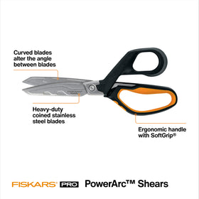 Fiskars PowerArc 8in shop shears handles with soft grip reduce fatigue during long cuts.