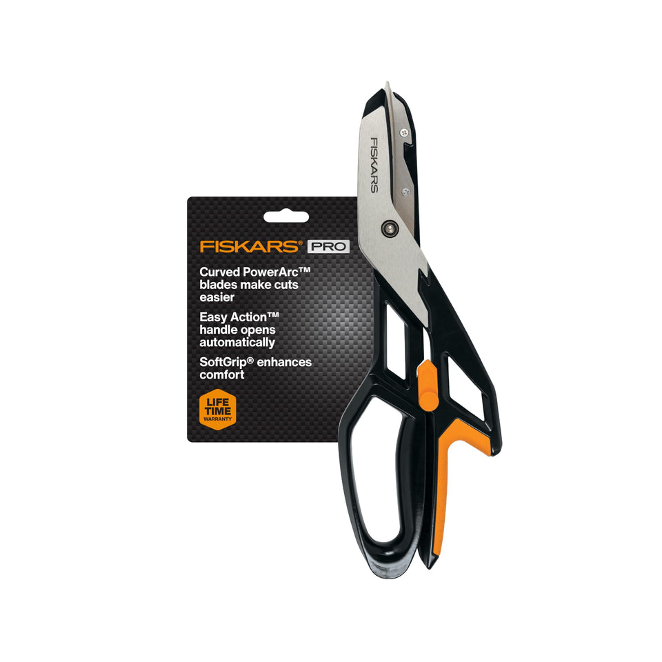Fiskars PowerArc tin snips blade close-up showing precision cut potential