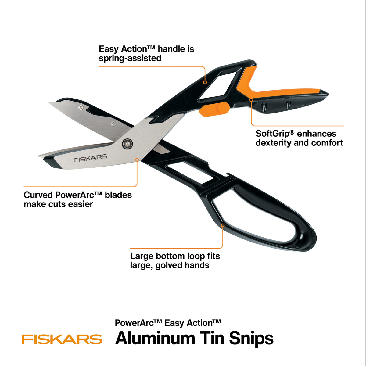 Fiskars PowerArc tin snips ergonomic handle detail reducing fatigue