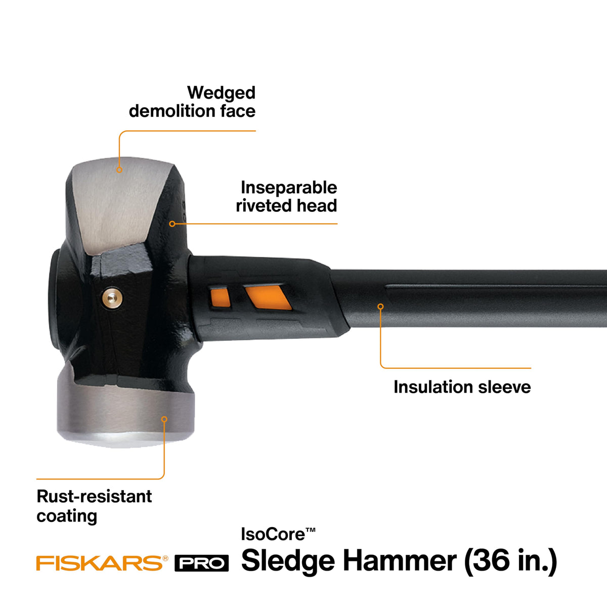 Fiskars Pro IsoCore 10 lb sledge hammer wedged-face concentrates power for faster demolition