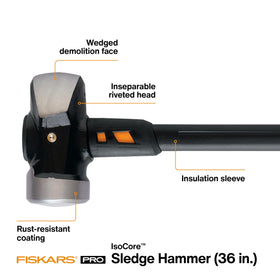 Fiskars Pro IsoCore 10 lb sledge hammer wedged-face concentrates power for faster demolition