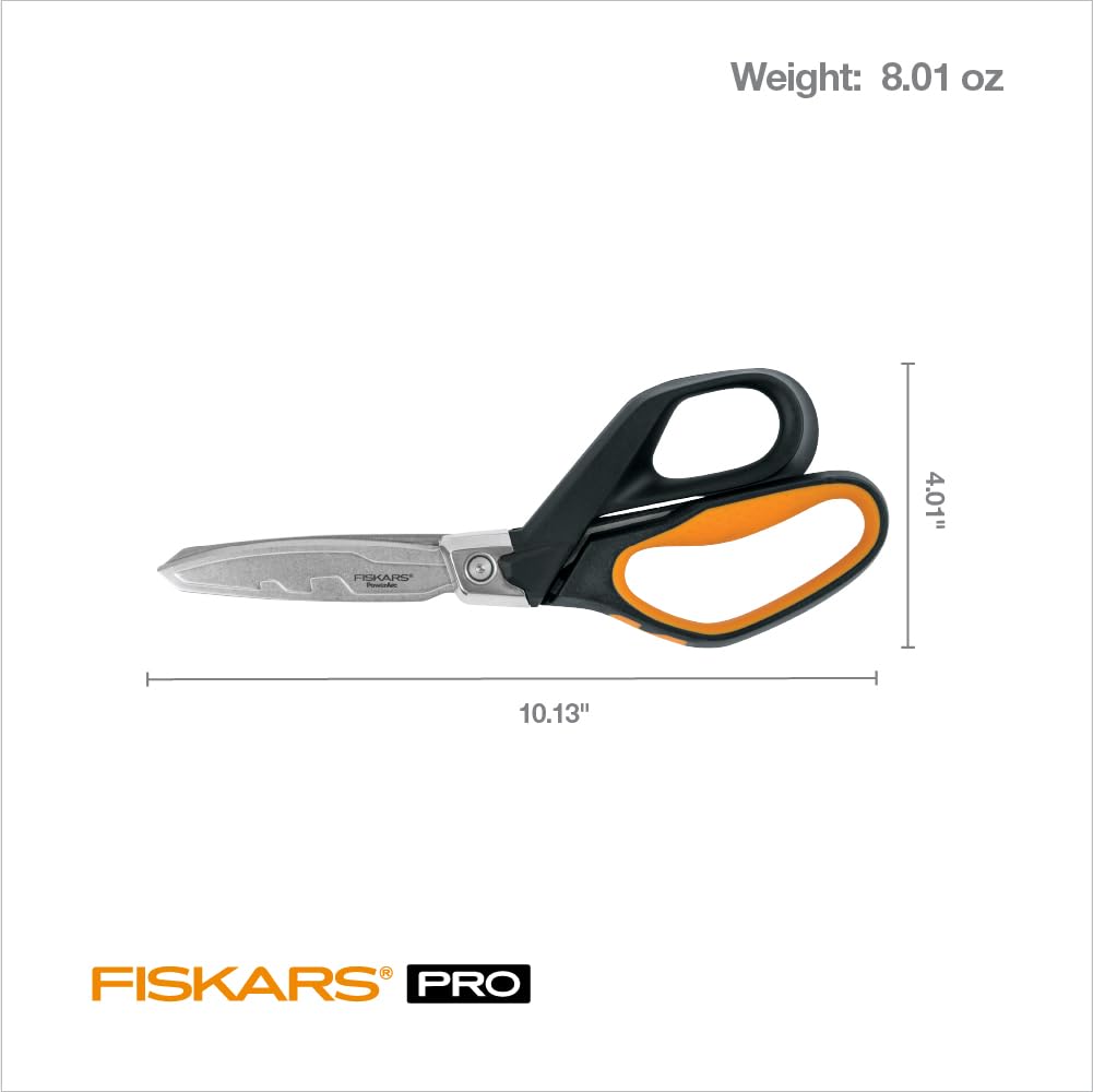 Fiskars Pro PowerArc Shop Shears with serrated blades enable smooth, secure cuts