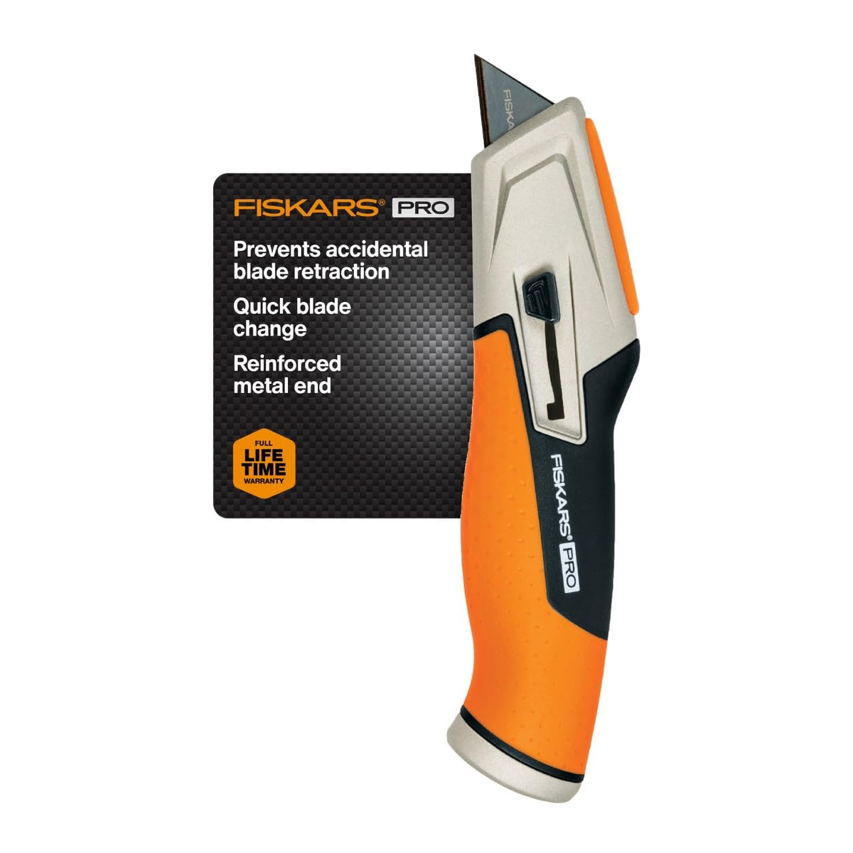 Fiskars Pro retractable knife blade showing CarbonMax edge for heavy cuts