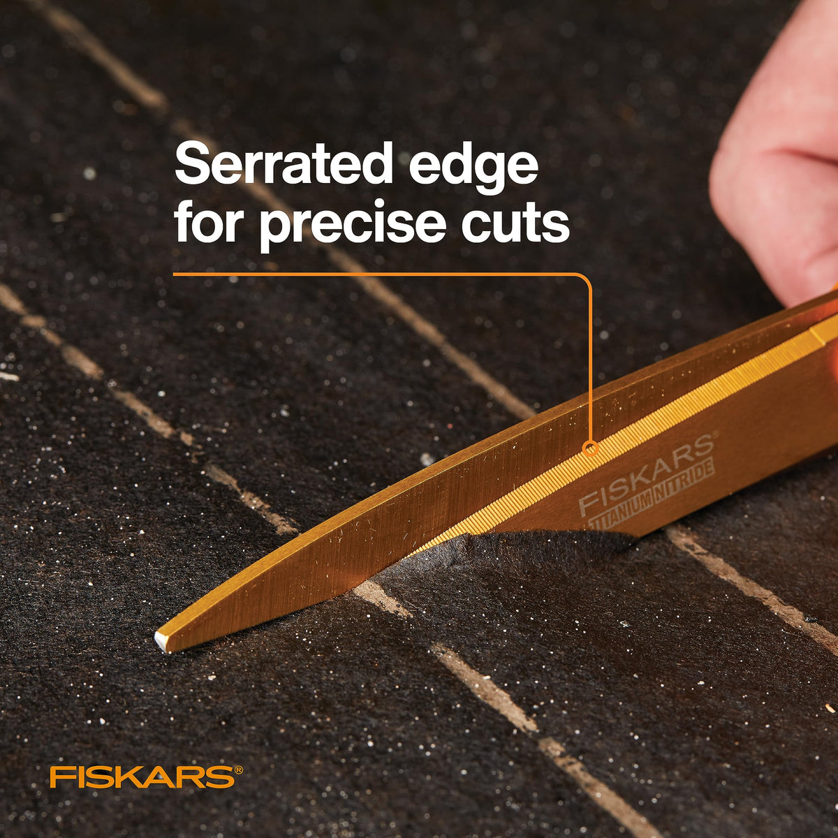 Fiskars Titanium Shop Shears 9in orange cutting cardboard with serrated blades