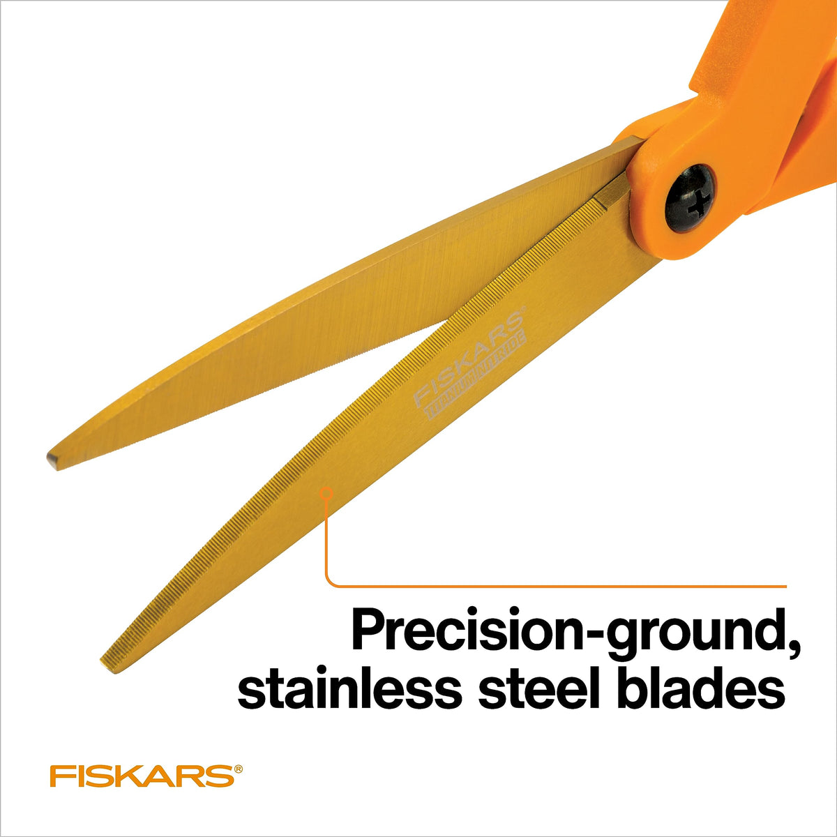 Fiskars Titanium Shop Shears 9in orange plastic strapping slice with precision