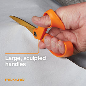 Fiskars Titanium Shop Shears 9in orange serrated blades grip materials securely