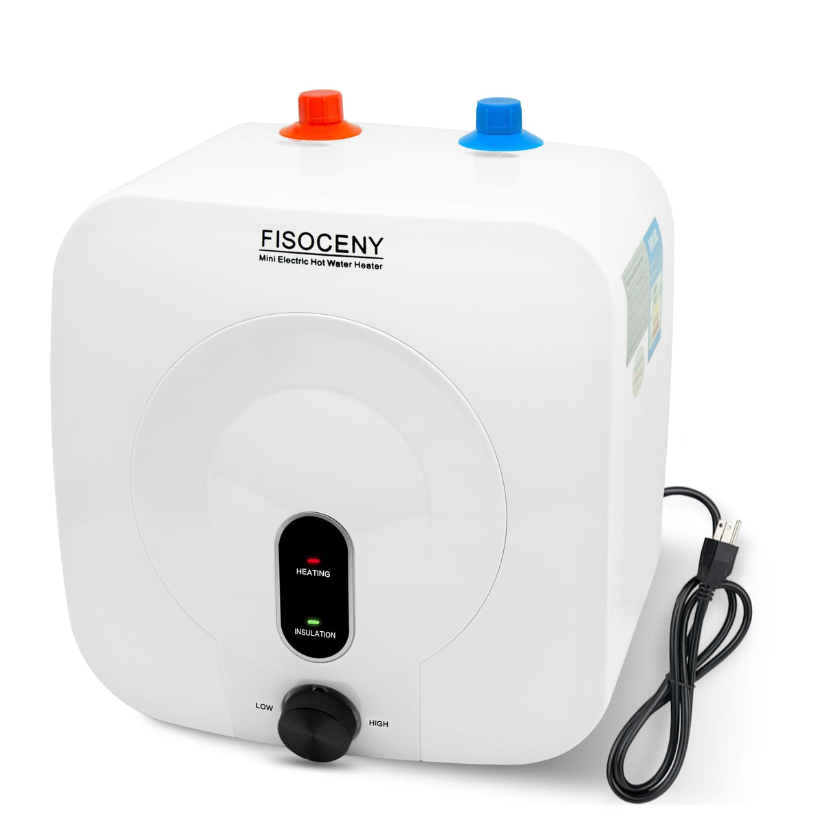 Fisoceny under-sink water heater closeup highlighting stainless steel build and compact design