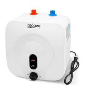 Fisoceny under-sink water heater closeup highlighting stainless steel build and compact design