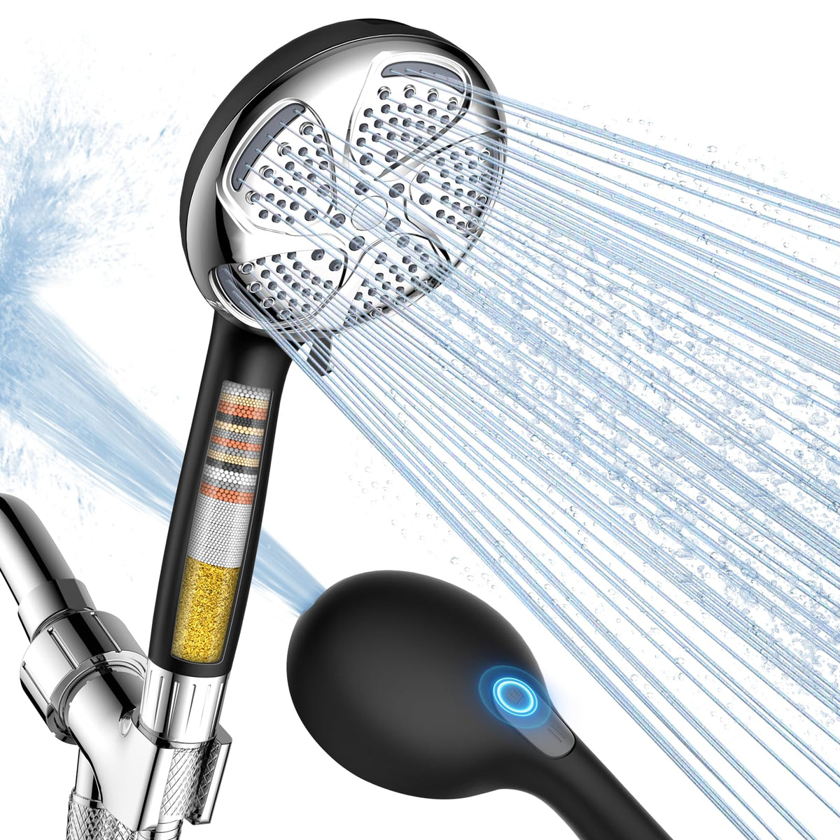 Fitespot filtered shower head front view in Rain mode for gentle high-pressure shower.