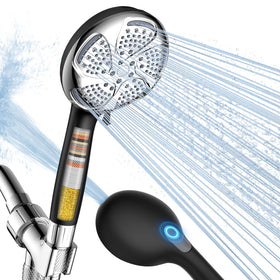 Fitespot filtered shower head front view in Rain mode for gentle high-pressure shower.
