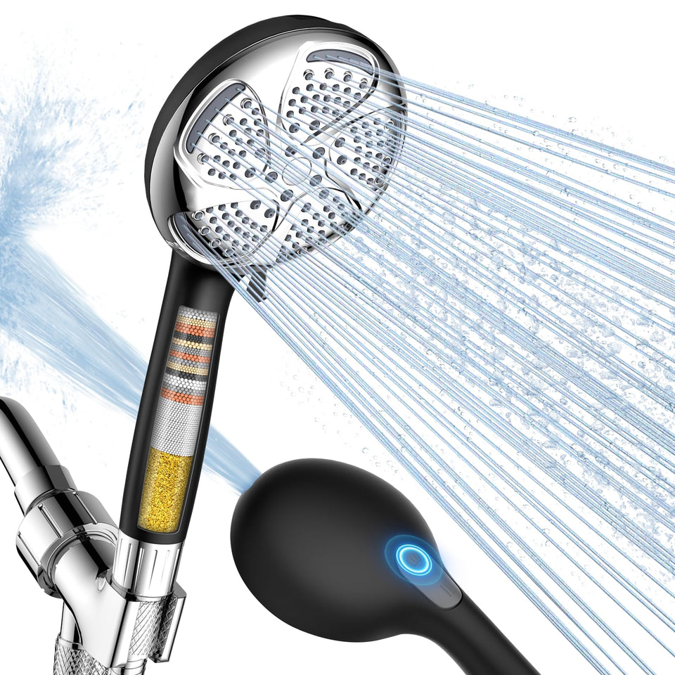 Fitespot filtered shower head front view in Rain mode for gentle high-pressure shower.