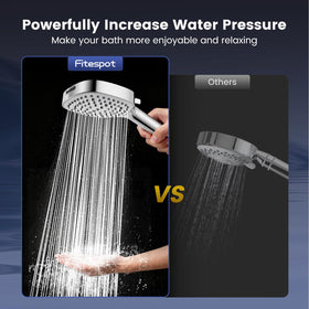 Fitespot filtered shower head panel demonstrates wide spray coverage for complete cleansing.