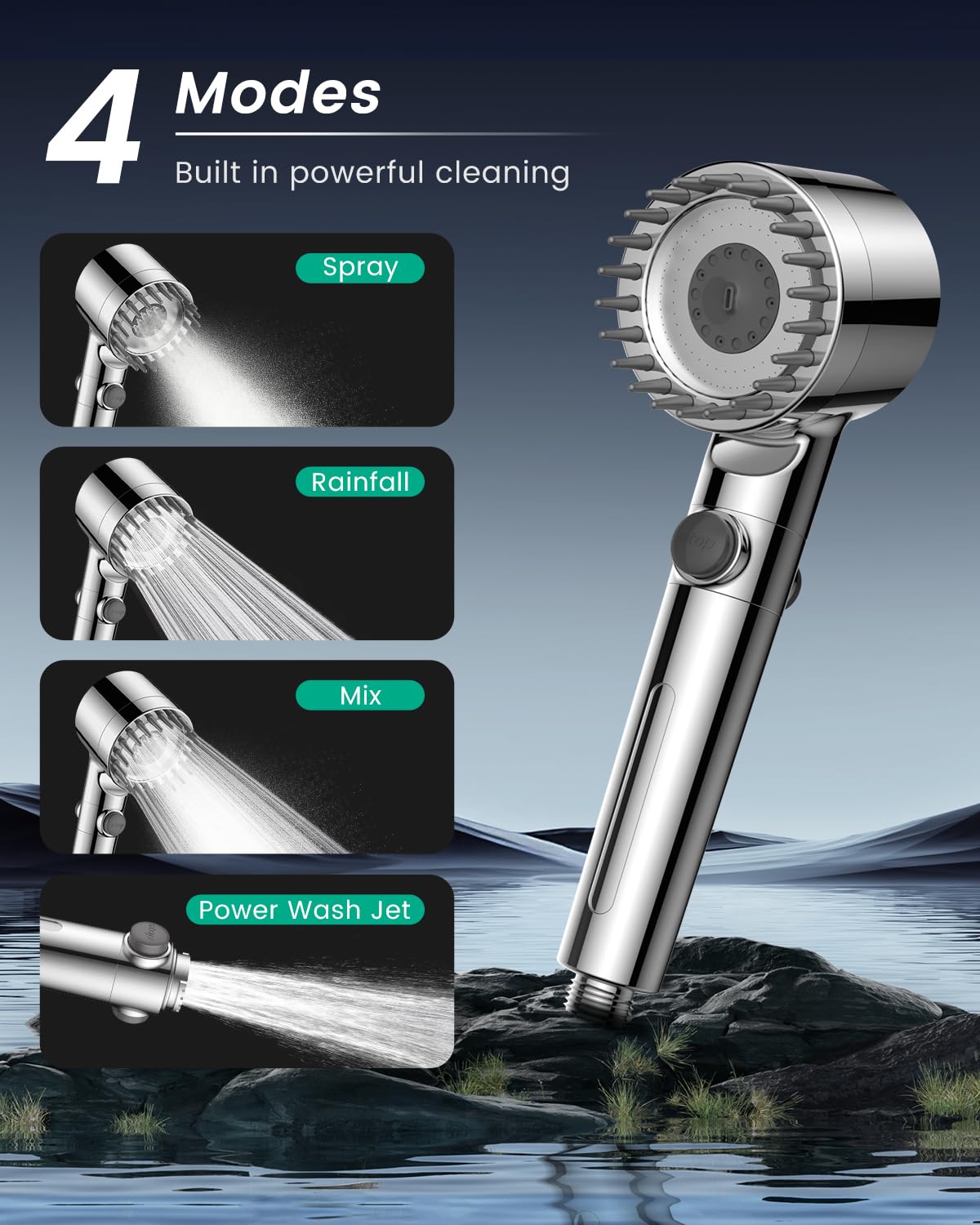 Fitespot Ion Drops power jet mode for thorough rinsing of hair and body.
