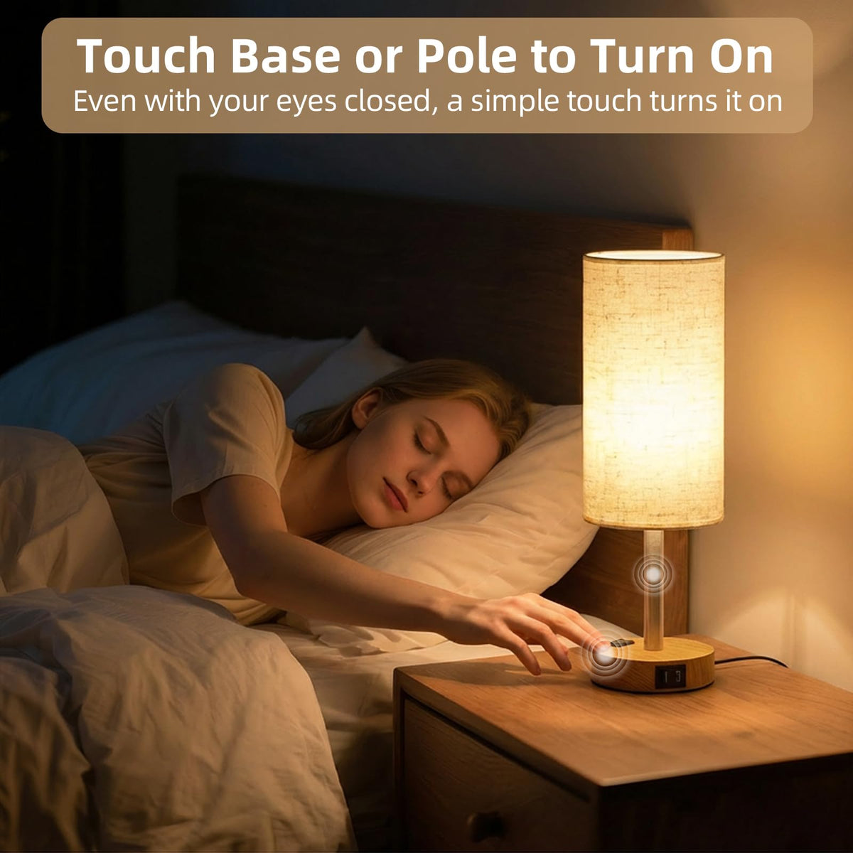 Fitfull table lamp AC outlet visible for easy bedside charging.