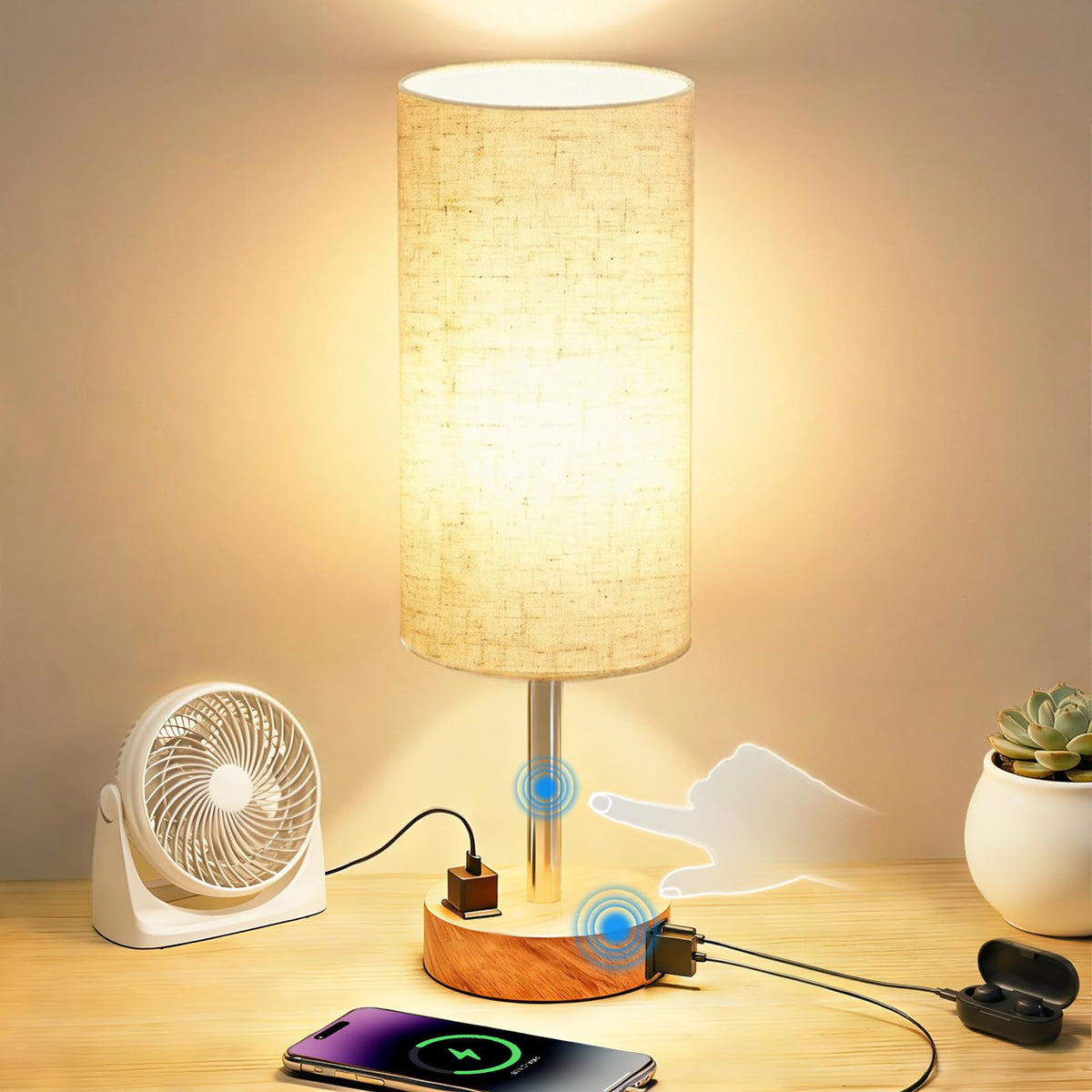 Fitfull table lamp nightstand base touch control for effortless operation in the dark.