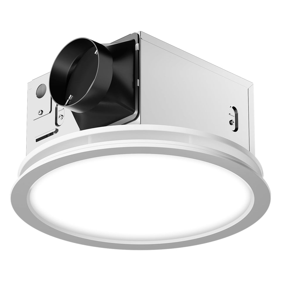 Fitop bathroom exhaust fan with light delivering 130 CFM moisture control in a modern bathroom.