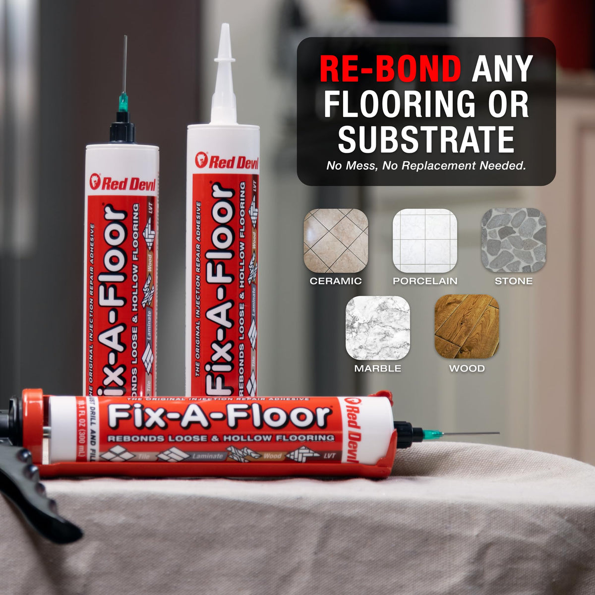 Using a caulk gun with Fix-A-Floor for quick, clean tile reattachment.