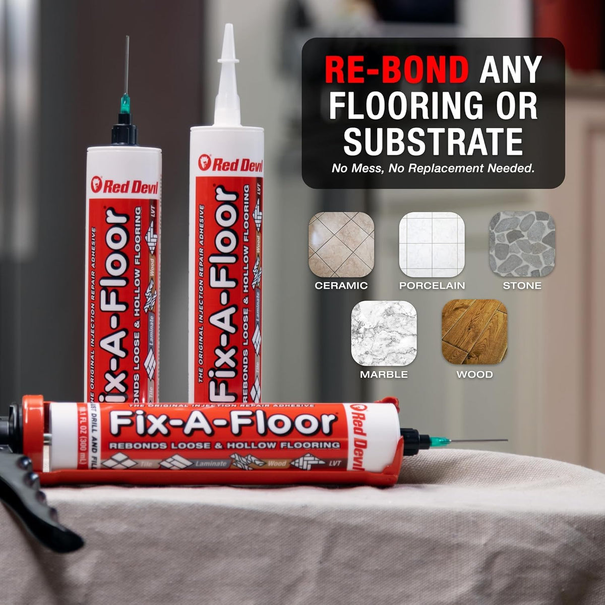 Fix-A-Floor caulk gun ready application enables efficient, mess-minimized tile repairs.