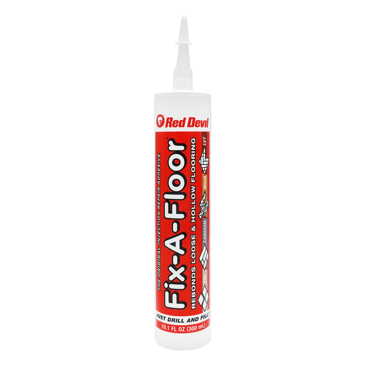Fix-A-Floor Original tile adhesive tube secures loose tiles on diverse subfloors.