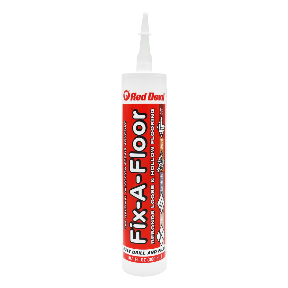Fix-A-Floor Original tile adhesive tube secures loose tiles on diverse subfloors.