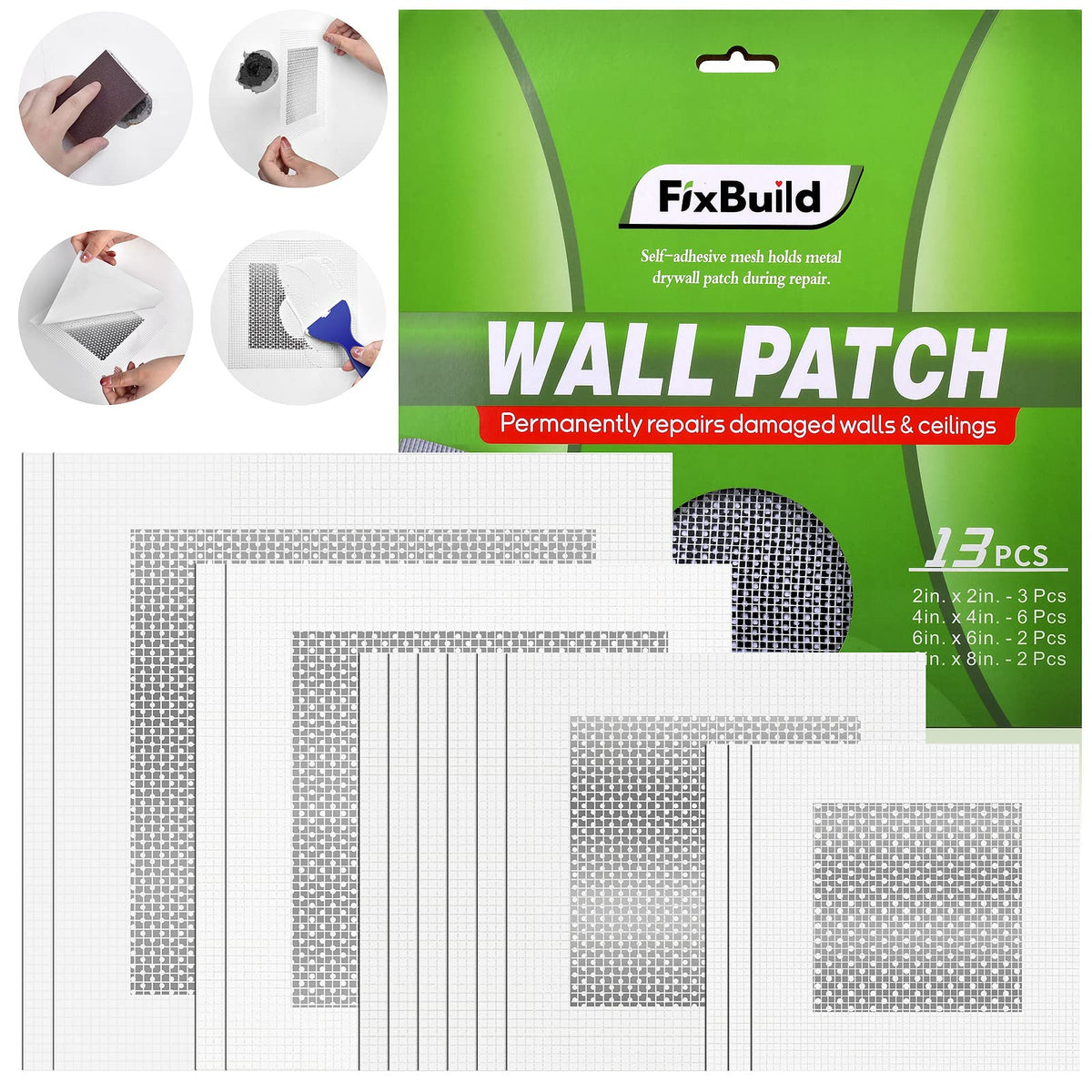 FixBuild drywall patch kit 2x2 inch patch applied to wall for quick hole repair.