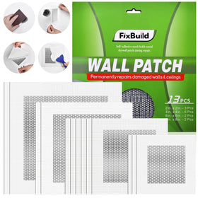 FixBuild drywall patch kit 2x2 inch patch applied to wall for quick hole repair.