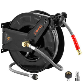 FIXFANS pressure washer hose reel assembly with durable steel housing keeps hoses tidy