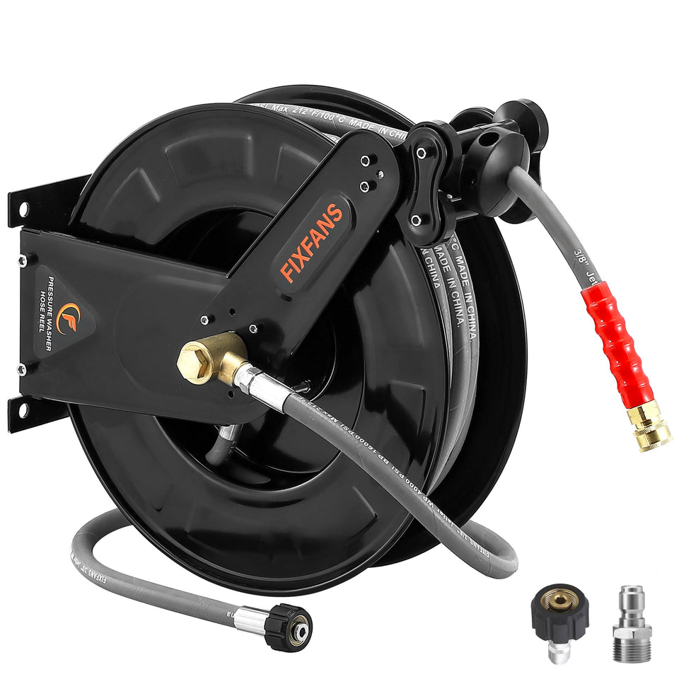 FIXFANS pressure washer hose reel assembly with durable steel housing keeps hoses tidy
