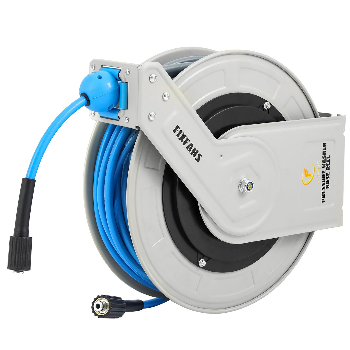 FIXFANS pressure washer hose reel with automatic rewind for easy organization