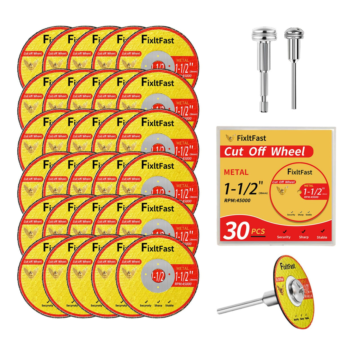 FIXLTFAST 1-1/2 cut off wheel packaging with mandrels for quick setup.