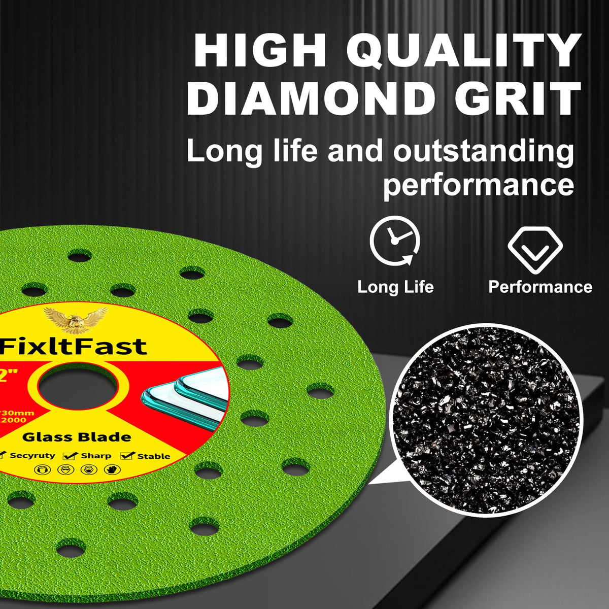 FixltFast tile blade operating at up to 12,000 RPM for fast results.